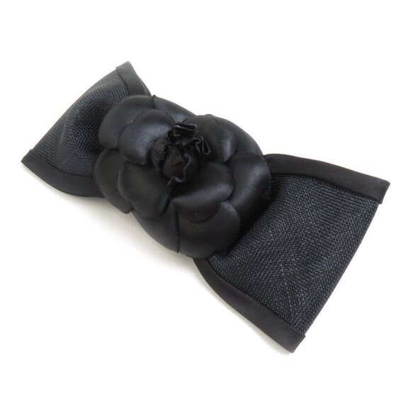 Auth CHANEL Camellia Ribbon Barrette Hair Clip Black Satin/Nylon - h30327f - Picture 1 of 7